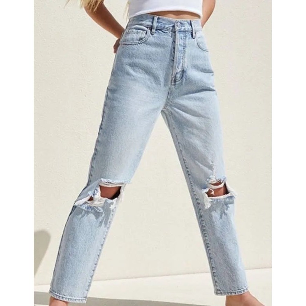 PacSun Jeans Women 25 Blue 90s Straight Leg Mid Rise Distressed Light Wash NWT